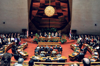 Hawaii Gov. Neil Abercrombie delivers his State of the State address Jan. 22 at the state Capitol. AP photo/Anita Hofschneider