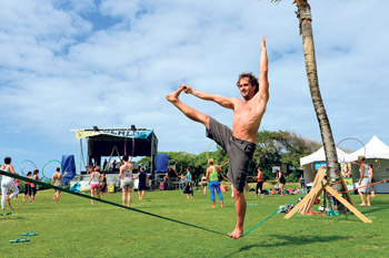 Rob Lentestey does yoga on a slackline at the Wanderlust Festival. Nathalie Walker photo