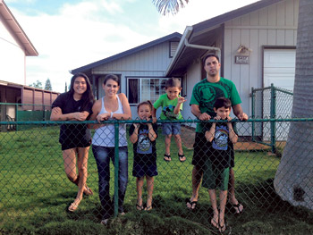 The Relacion ohana (from left): Taylor, Ashley, Siana, Kekeona, Tyson and Cody at home in Kapa‘a | Photo courtesy Relacion ohana
