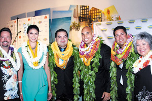 Las Vegas headliner Terry Fator (from left) Taylor Makakoa, Halehaku Seabury- Akaka, Keoni Souza, Ikaika Balackburn (Na Hoa) and Nani Koli at the Na Hoku Hanohano Awards. Photo from kimo Akane