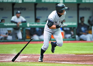 New York Yankeesâ€™ Ichiro Suzuki heads to first base after singling during the sixth inning of a game against the Tampa Bay Rays Aug. 25 in St. Petersburg, Fla. | AP photo/Phelan M. Ebenhack