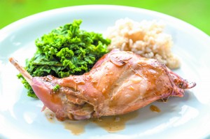Kennethâ€™s Shoyu Rabbit with steamed brown rice and sautÃ©ed kale. Daniel Lane photos