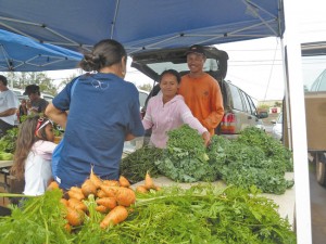 Anahola farmers Dang and Pit Promnonsri offer warm spirits along with fresh vegetables at the Wednesday farmers market in Kapaa | Jane Esaki photo