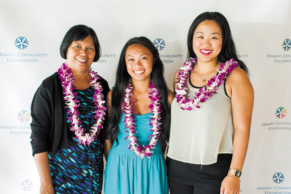 Safeway scholarship winner Angelika Celia Questin (center) with her mother, Celia Melchor-Questin (left), and Joy Miura Koerte of Kauai Leadership Council. Photo courtesy Safeway Hawaii Foundation Scholarship Fund