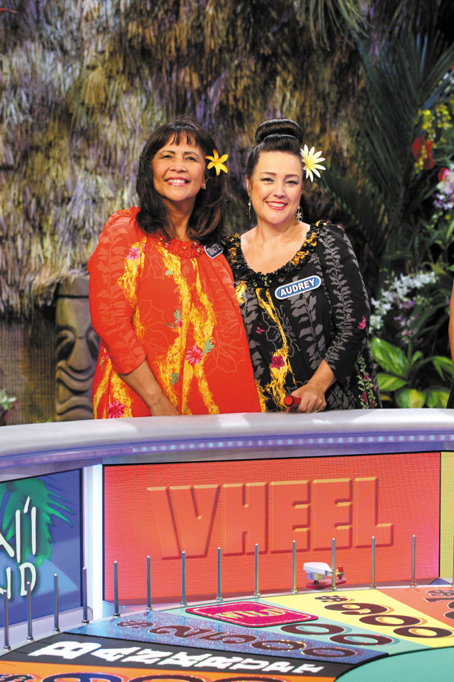 Best friends for 35 years and former Kauai High School cheerleaders Trinette Kaui and Audrey Bonilla on the set of 'Wheel of Fortune' in Kona. Photo courtesy Carol Kaelson