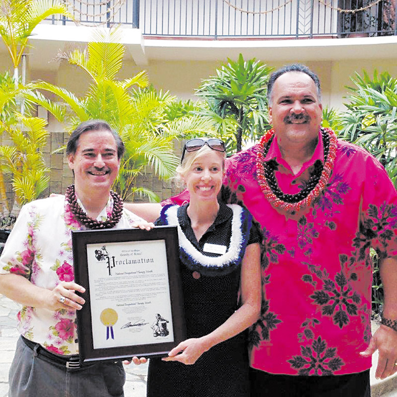Steven Kline received a proclamation from Mayor Bernard Carvalho regarding National Occupational Therapy Month last year KAUAI COUNTY PHOTO