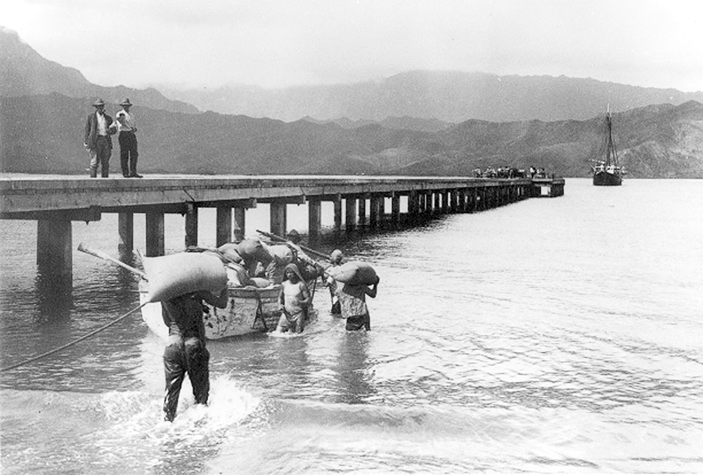 Workers load rice onto boats at Hanalei Pier in 1915. This is one of many historical photos in the KHS collection.