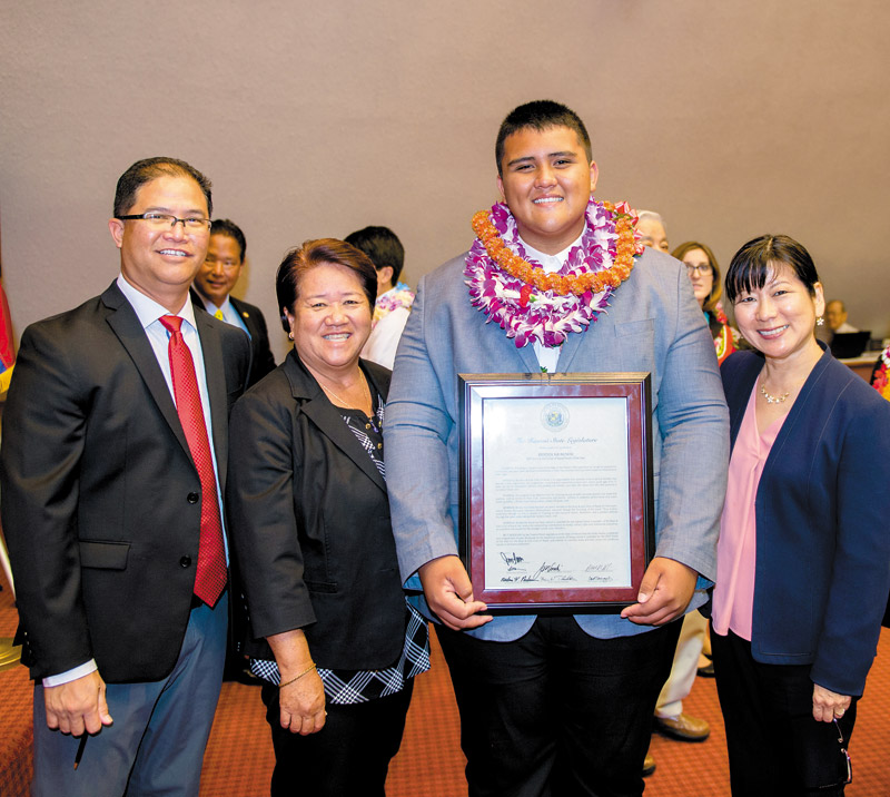 Bryden Ka‘auwai after winning Hawaii's Youth of the Year, with state Reps. James Tokioka, Dee Morikawa and Nadine Nakamura 