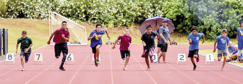 The start of the boys 50-meter dash (grades 6-7) 