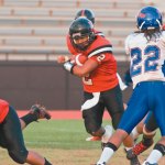 Jake Leake hits a big hole for the Red Raiders