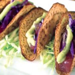 Ahi Tuna Tacos with house-made taro taco shells and avocado mousse