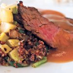Peppercorn-rubbed skirt steak with grilled vegetable quinoa and pineapple relish